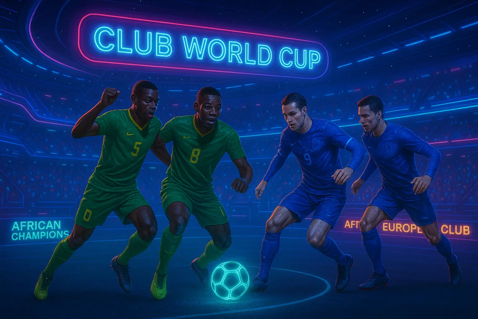 Club World Cup clash between African champions and European club in futuristic style