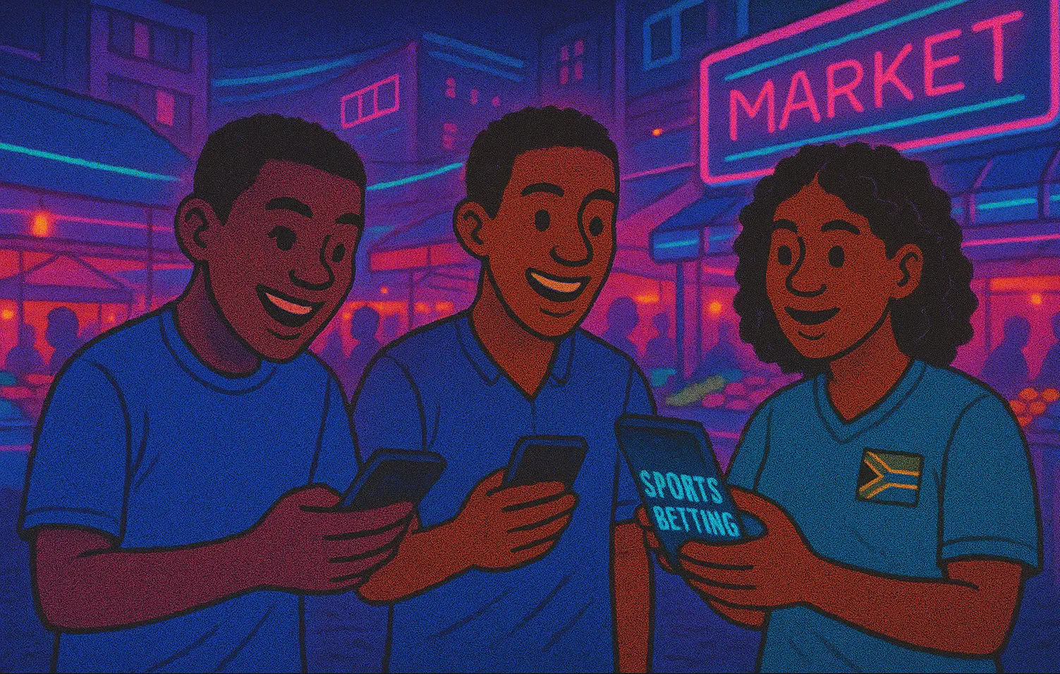 South African soccer fans using bookmaker apps in a Johannesburg night market, neon lights, modern betting culture.