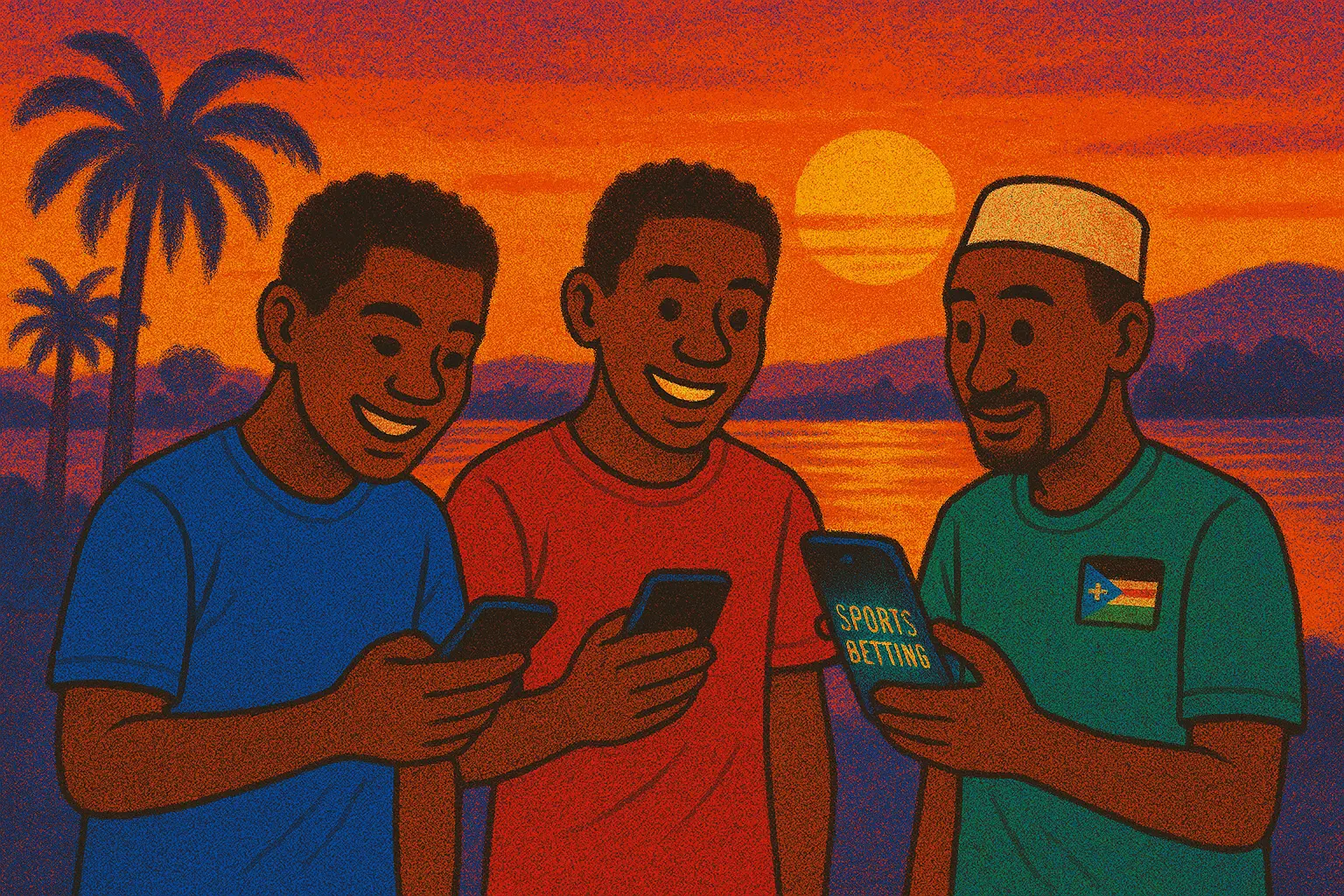 South Sudanese soccer fans using bookmaker apps near the Nile at sunset, vibrant lighting, modern betting culture.