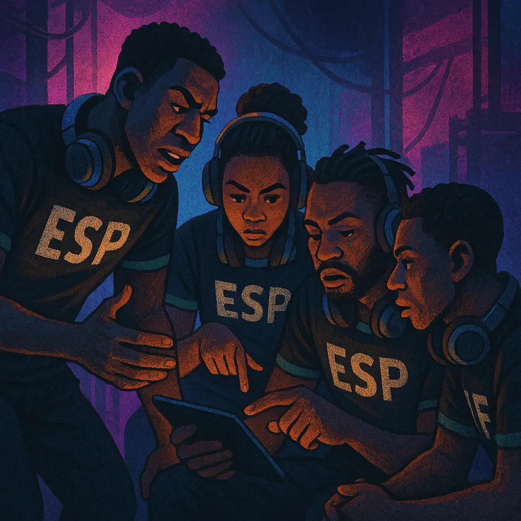 African esports team strategizing backstage