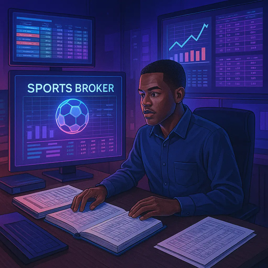African sports broker workspace filled with screens and ledgers