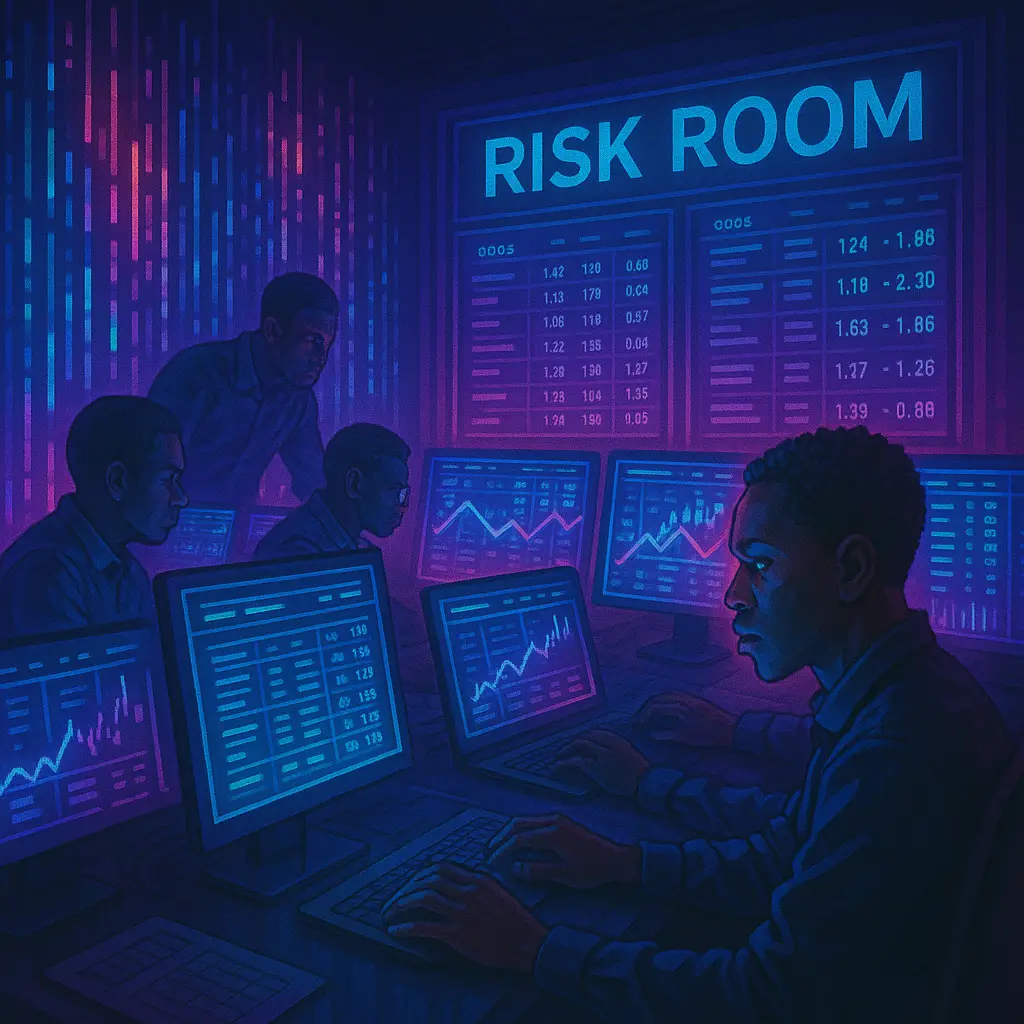 African sports risk room with analysts coordinating at multiple screens